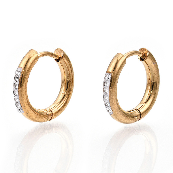 

PandaHall 201 Stainless Steel Huggie Hoop Earrings, with 304 Stainless Steel Pins and Crystal Rhinestone, Ring, Golden, 15x2.5mm, Pin: 1mm..., Clear