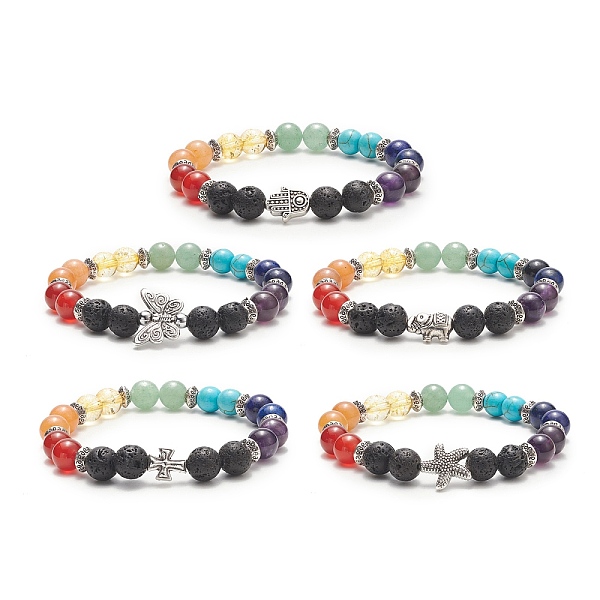 

PandaHall Natural & Synthetic Mixed Gemstone Round Beaded Stretch Bracelet, Alloy Adjustable Bracelet for Women, Mixed Shapes, Inner...