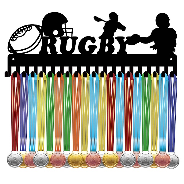

PandaHall Iron Medal Holder Frame, 20 Hooks Medals Display Hanger Rack, with Screws, Black, Rugby, 150x400mm, Hole: 5mm Iron Rugby Black
