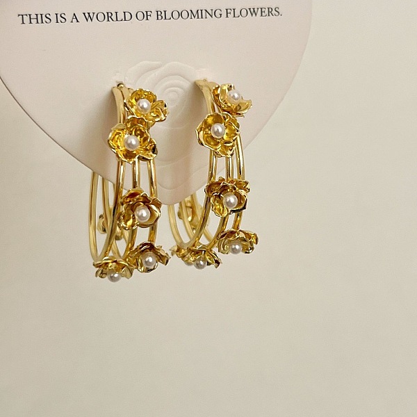 Pendientes De Aro Con Flores Retro De Latón Y Perlas De Imitación Para Mujer