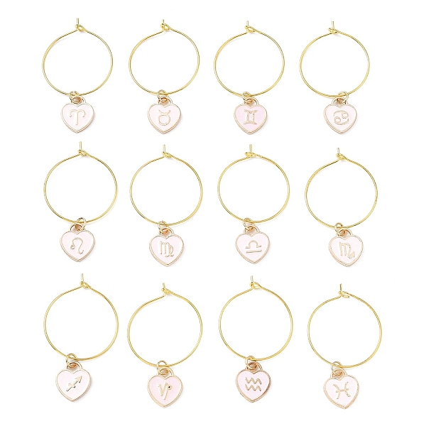 

PandaHall 12Pcs Heart with Constellation Alloy Enamel Wine Glass Charms Sets, with Brass Hoop Earrings Findings, Golden, Pink, 45mm Alloy...