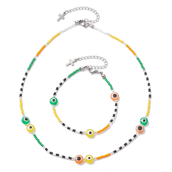 

PandaHall Resin Evil Eye & Glass Seed Beaded Jewelry Set, Beaded Necklaces & Bracelets, Green, Necklaces: 19~19-1/8 inch(48.2~48.5cm);...