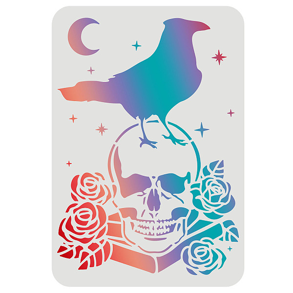 PandaHall FINGERINSPIRE Crow Skull Stencil 29.7x21cm Raven on The Skull Pattern Drawing Stencil Reusable Crow Stencil Skull Stencil for...