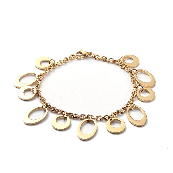 

PandaHall 304 Stainless Steel Charm Bracelets, with Cable Chains and Lobster Claw Clasps, Oval and Ring, Golden, 8-1/8 inch(20.7cm) 304...