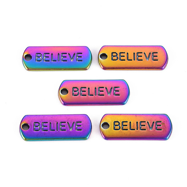 

PandaHall Rainbow Color Alloy Charms, Cadmium Free & Nickel Free & Lead Free, Oval with Believe, 20x8x1.5mm, Hole: 1.6mm Alloy Oval
