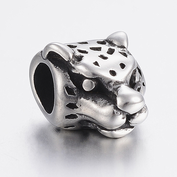 PandaHall 304 Stainless Steel European Beads, Large Hole Beads, Leopard, Antique Silver, 14x11x9mm, Hole: 5mm 304 Stainless Steel Leopard