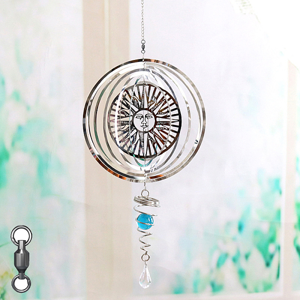 

PandaHall Stainless Steel Wind Chines, Outdoor, Home Hanging Decoration with Deep Sky Blue Glass Beads, Stainless Steel Color, Sun Pattern...