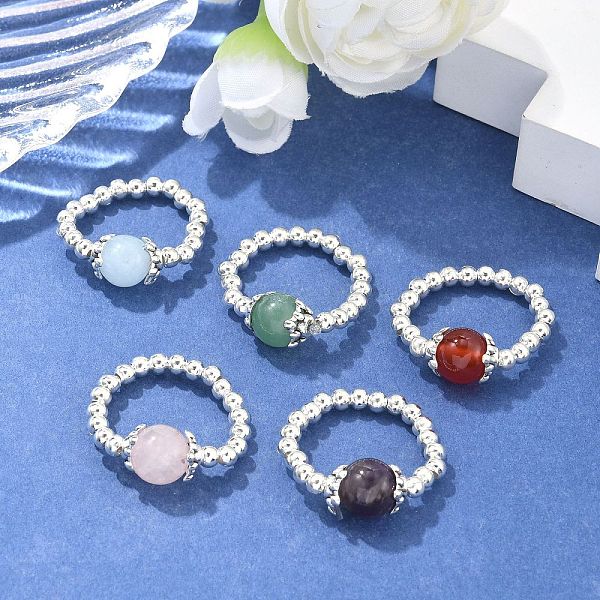 Platinum Tone Iron Bead Natural Mixed Stone Stretch Finger Rings
