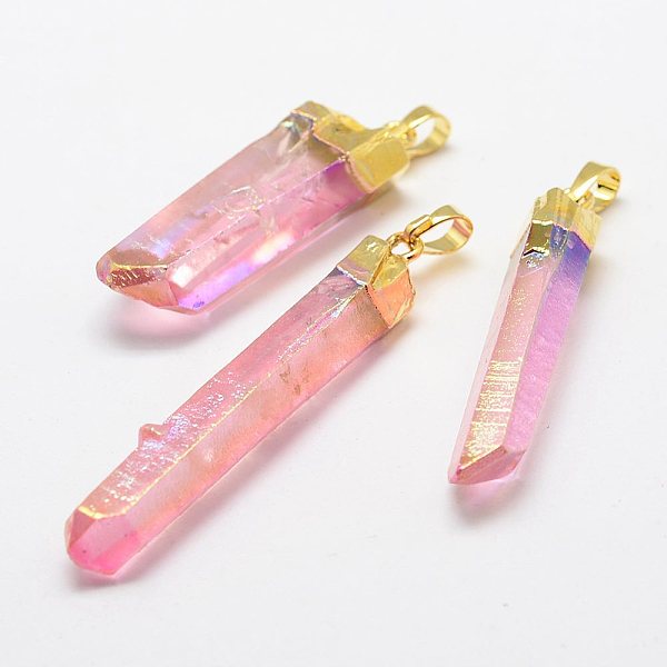 

PandaHall Electroplate Natural Quartz Crystal Pendants, with Brass Findings, Faceted, Nuggets, Pink, 48~63x10~14x7~10mm, Hole: 5x8mm Quartz...