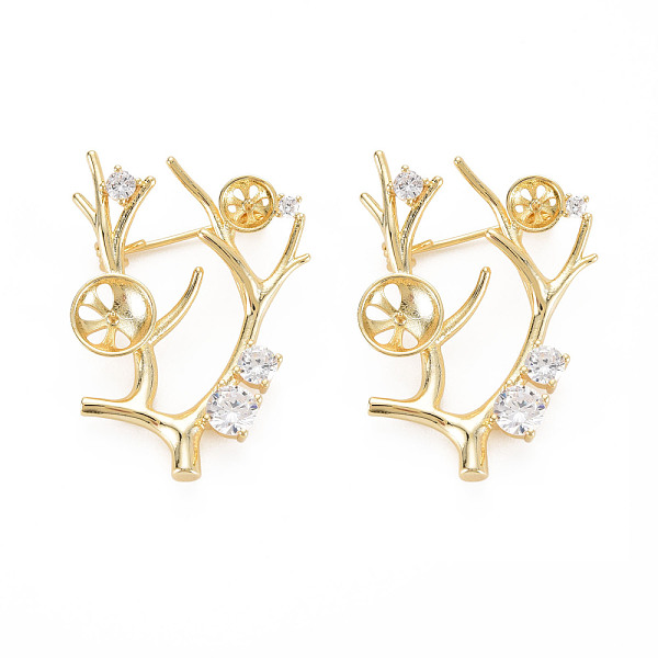 

PandaHall Brass Micro Pave Clear Cubic Zirconia Brooch Findings, For Half Drilled Beads, Leafy Branches, Nickel Free, Real 18K Gold Plated...