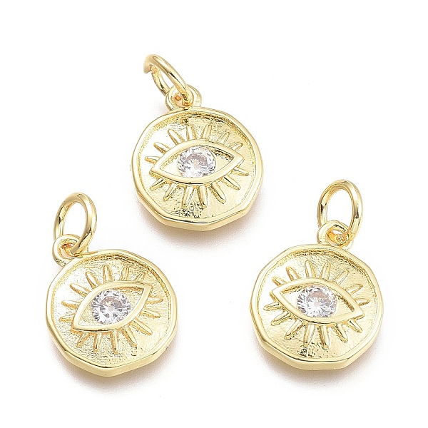 

PandaHall Brass Micro Pave Cubic Zirconia Pendants, with Jump Ring, Flat Round with Eye, Real 18K Gold Plated, Clear, 12x10x2mm, Jump Rings...