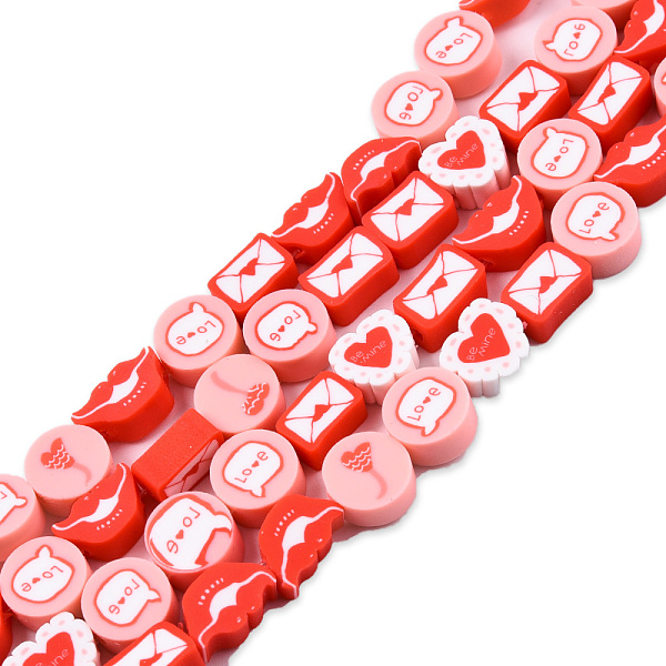

PandaHall Handmade Polymer Clay Beads Strands, Flat Round with Word Love & Heart, Mouth and Letter, Red, 5.5~9.5x9~11x4~5mm, Hole: 1.6mm...