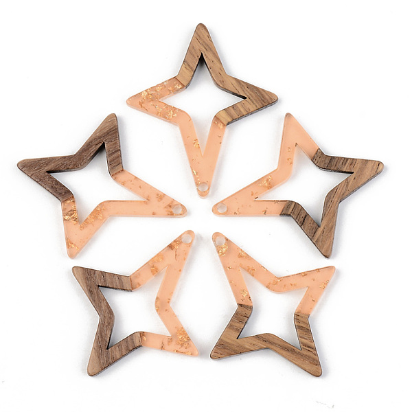 

PandaHall Transparent Resin & Walnut Wood Pendants, with Gold Foil, Star, Dark Salmon, 38x33x3mm, Hole: 2mm Resin+Wood Star Red