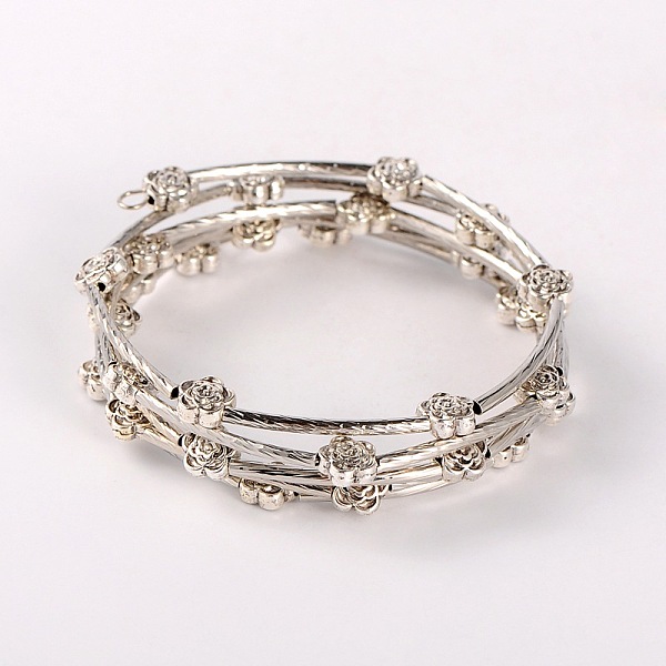 

PandaHall Brass Tube 5-Loops Wrap Bracelets, with Tibetan Style Flower Beads, Antique Silver, 51mm Brass
