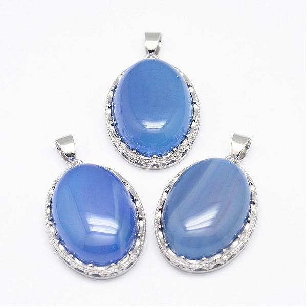 

PandaHall Natural Blue Agate Pendants, with Brass Findings, Oval, Dyed, Platinum, 30x21x10~11mm, Hole: 6x4mm Natural Agate Oval