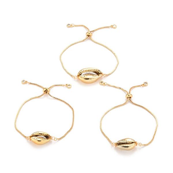 

PandaHall Adjustable Brass Bolo Bracelets, Slider Bracelets, with Electroplated Shell Beads, Cowrie Shells, Golden, 9 inch(23cm) Shell
