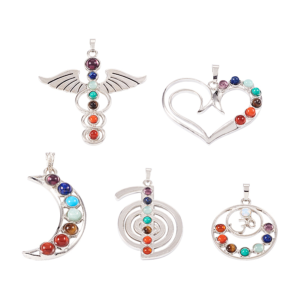 

PandaHall Yilisi 5Pcs 5 Style Chakra Gemstone Big Pendants, Synthetic Turquoise, Blue/Orange Glass, Natural Lapis Lazuli & Amethyst &...