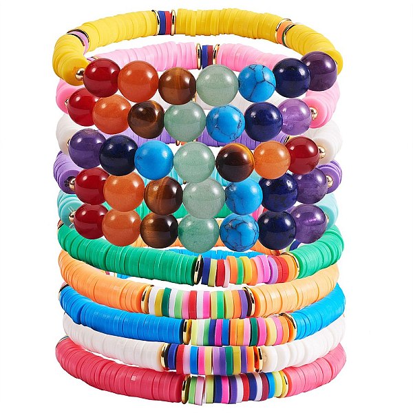 

PandaHall Round Natural & Synthetic Stone Beads Stretch Bracelets Set, 7 Chakra Bracelets for Teen Girl Women, Polymer Clay Heishi Beads..., Multicolor