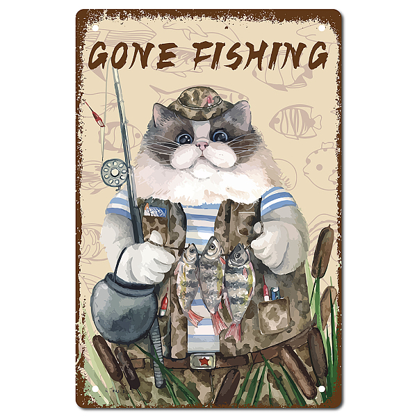 PandaHall CREATCABIN Cat Tin Sign Gone Fishing Metal Vintage Retro Art Mural Hanging Iron Painting Poster Plaque Fish Funny Animals Family...