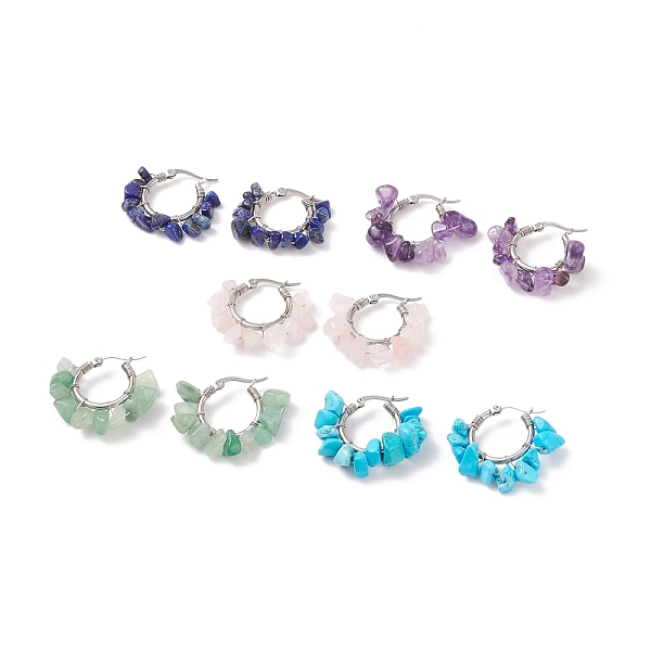 

PandaHall Natural Gemstone Chips Braided Hoop Earrings, Wire Wrapped Stone Earrings with 304 Stainless Steel Pins for Women, Stainless Steel...