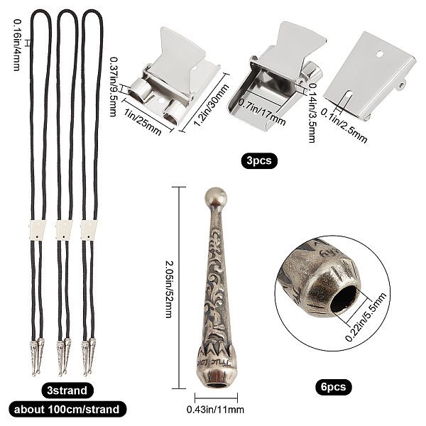 

PandaHall GORGECRAFT 3 Sets Iron Bolo Tie Kit Sterling Silver Plated Parts Round Slide Textured Tips Black Cord Sliver Black Alloy Cord End...