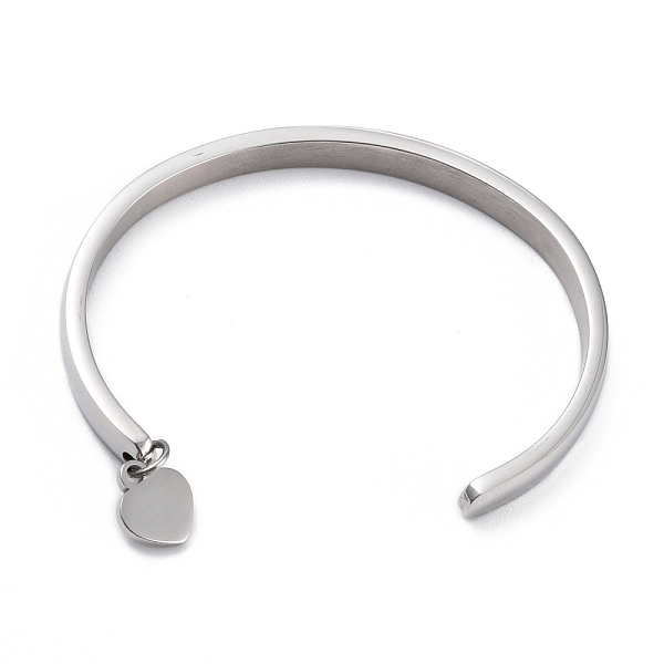 

PandaHall 304 Stainless Steel Cuff Bangles, with Heart Pendant, Stainless Steel Color, 1/4 inch(0.6cm) wide, Inner Diameter: 1-3/4 ~ 2-3/8...