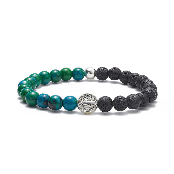 Natural & Synthetic Mixed Gemstone & Alloy Saint Benedict Medal Beaded Strech Bracelet For Women