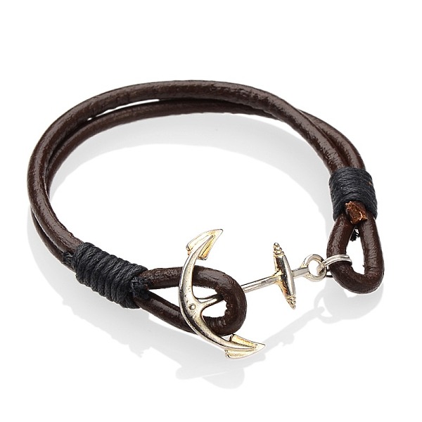 

PandaHall Alloy Bracelets, Cowhide Leather Cord with Waxed Cotton Cord, Anchor & Helm, Silver Color Plated, 190mm Leather Silver