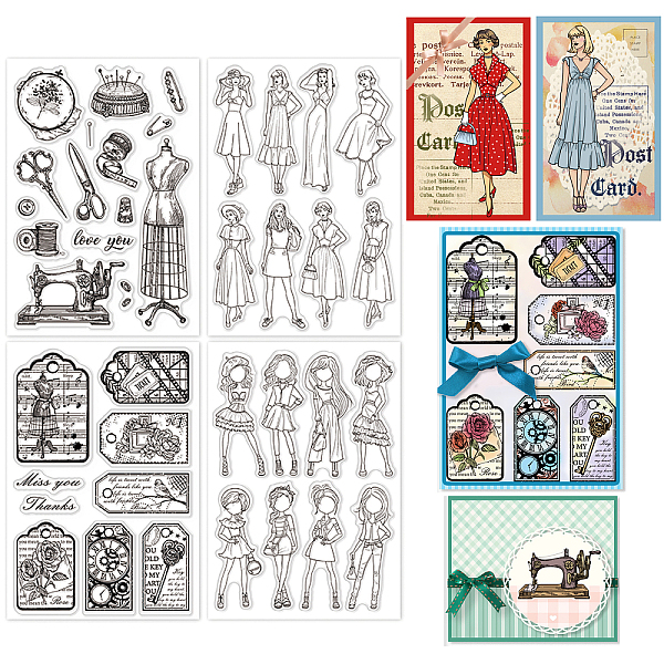 

PandaHall GLOBLELAND 4 Sheets Vintage Sewing Model Label Clear Stamps for Card Making Fashion Lady Silicone Clear Stamp Seals Transparent...