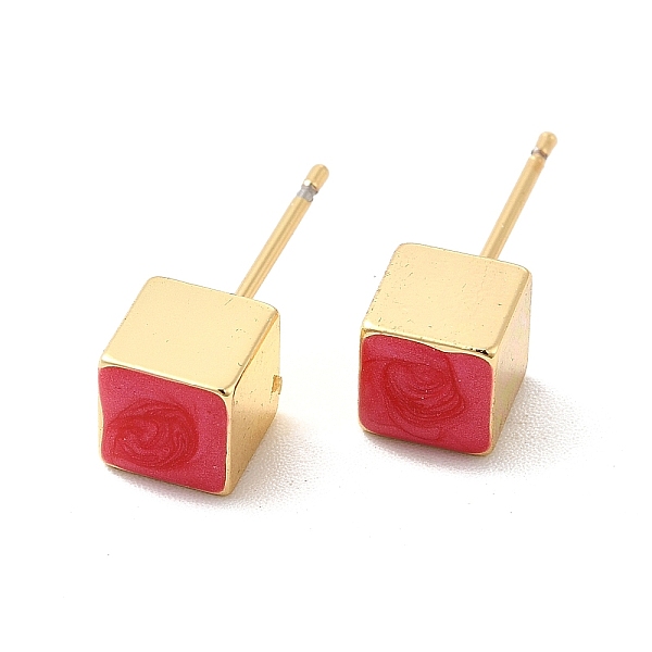 

PandaHall Enamel Cube Stud Earrings, Real 18K Gold Plated Brass Jewelry for Women, Red, 6x6mm, Pin: 0.8mm Brass Cube Red