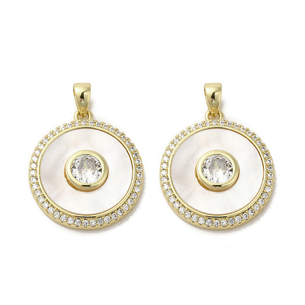 

PandaHall Brass Micro Pave Clear Cubic Zirconia Pendants, with Shell, Real 18K Gold PlatedPlated, Flat Round, 20x18x3mm, Hole: 2.5x4mm...