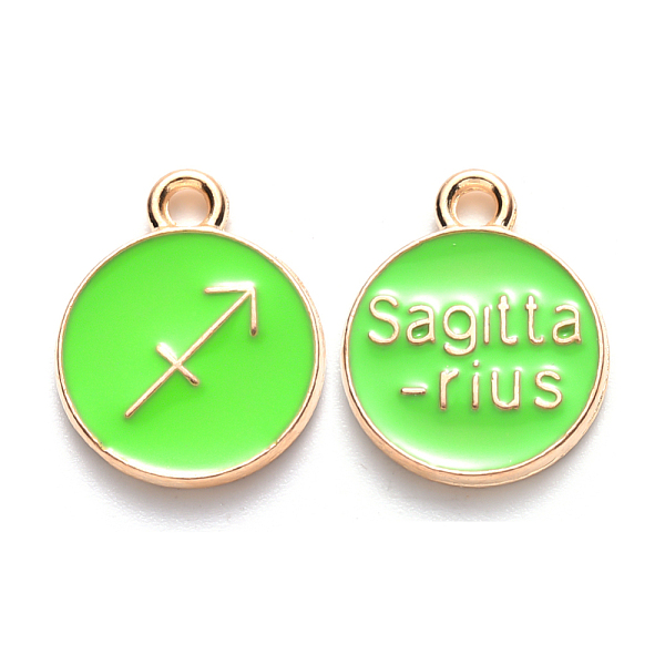 

PandaHall Alloy Enamel Pendants, Cadmium Free & Lead Free, Flat Round with Constellation, Light Gold, Pale Green, Sagittarius, 22x18x2mm...