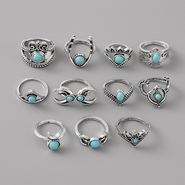 

PandaHall 11Pcs 11 Style Eagle & Moon & Star & Crown & Eye Alloy Finger Rings Set with Plastic Beaded, Bohemia Jewelry for Women, Antique...