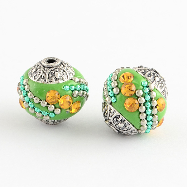 

PandaHall Handmade Indonesia Beads, with Light Topaz Rhinestones and Alloy Cores, Round, Antique Silver, Light Green, 14~16x14~16mm, Hole...