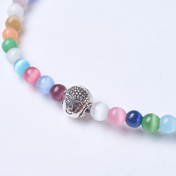

PandaHall Cat Eye Stretch Bracelets, with Tibetan Style Alloy Beads, Buddha, Colorful, 2-1/4 inch(5.6cm) Glass