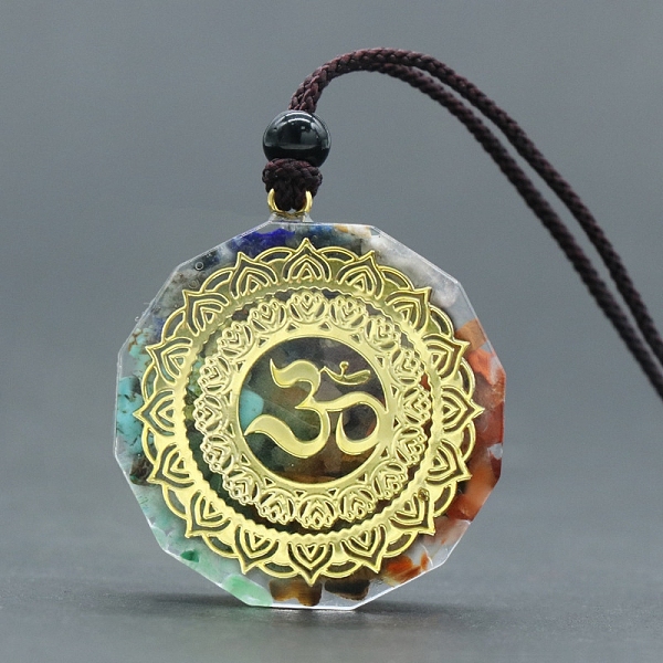 

PandaHall Chakra Natural & Synthetic Mixed Gemstone Chip with Resin Pendant Necklace, Flat Round, 14.57 inch(37cm) Mixed Stone Flat Round