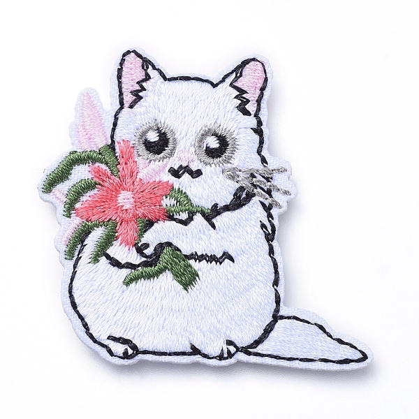 PandaHall Computerized Embroidery Cloth Iron on/Sew on Patches, Costume Accessories, Appliques, Cat with Flower, Colorful, 48x47x2mm Cloth...