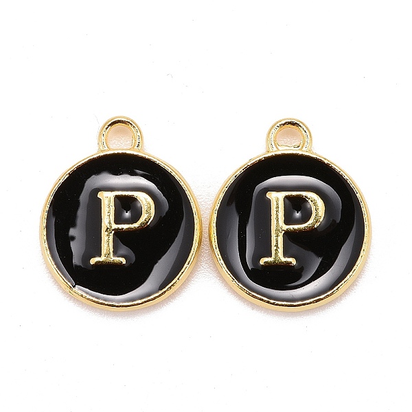 

PandaHall Golden Plated Alloy Charms, Cadmium Free & Lead Free, with Enamel, Enamelled Sequins, Flat Round with Letter, Black, Letter.P...