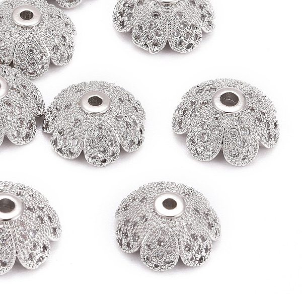 

PandaHall Eco-Friendly Multi-Petal Flower Brass Micro Pave Cubic Zirconia Bead Caps, Lead Free & Nickel Free, Platinum, 11x4.8mm, Hole: 1mm..., Clear
