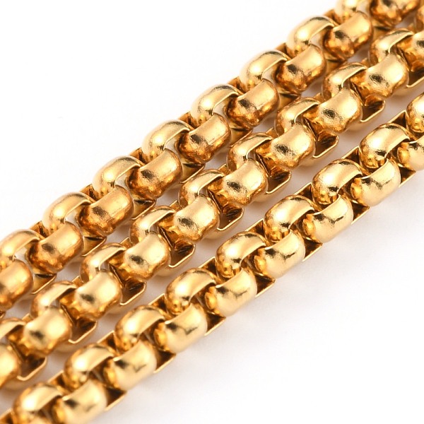 

PandaHall Ion Plating(IP) 304 Stainless Steel Box Chains, Unwelded, with Spool, Golden, 3x3x1.5mm, 32.8 Feet(10m)/roll 304 Stainless Steel