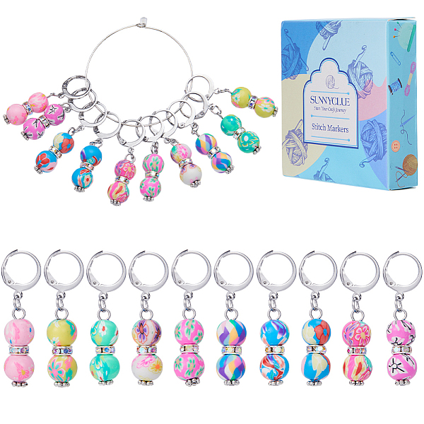 

PandaHall Handmade Polymer Clay Beaded Gourd Pendant Locking Stitch Markers, 304 Stainless Steel Leverback Hoop Stitch Marker, Mixed Color..., Multicolor