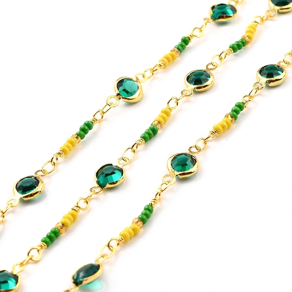 PandaHall Handmade Brass Flat Round Link Chains, with Glass Beads, Soldered, with Spool, Long-Lasting Plated, Golden, Green, 19x2.5x2mm...