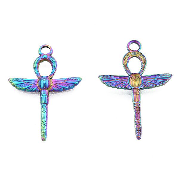

PandaHall Ion Plating(IP) 201 Stainless Steel Pendants, Ankh Cross with Wing, Rainbow Color, 30.5x21.5x2.5mm, Hole: 2.5mm 201 Stainless...