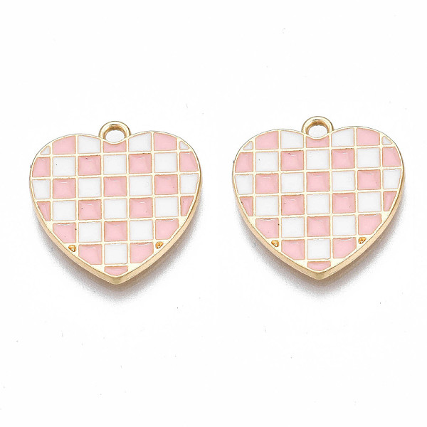 

PandaHall Alloy Enamel Pendants, Cadmium Free & Nickel Free & Lead Free, Light Gold, Heart with Plaid, Pink, 17x17x1.5mm, Hole: 1.6mm...