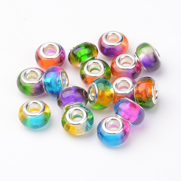 

PandaHall Resin European Beads, Large Hole Rondelle Beads, with Brass Cores, Silver Color Plated, Mixed Color, 14x9mm, Hole: 5mm Resin+Brass..., Multicolor