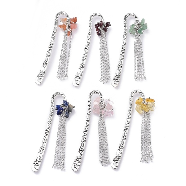 

PandaHall Tibetan Style Alloy Bookmarks, with Natural Gemstone Chip Beads and Brass Cable Chains, 79.5mm Mixed Stone