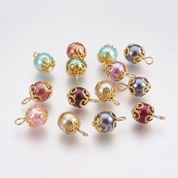

PandaHall Glass beads Pendants, with Iron Finding, Round, Mixed Color, Golden, 16.5~17x10mm, Hole: 2x3mm, 300pc/bag Iron+Glass Round..., Multicolor