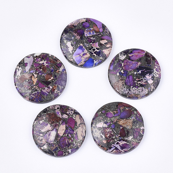 

PandaHall Synthetic Gold Line Regalite/Imperial Jasper/Sea Sediment Jasper Pendants, Dyed, Flat Round, Dark Orchid, 40x7mm, Hole: 1.4mm..., Purple