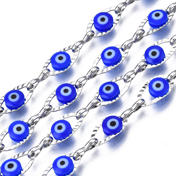 

PandaHall 304 Stainless Steel Textured Oval Cable Chains, with Enamel Evil Eye Beads, with Spool, Unwelded, Stainless Steel Color, Blue...