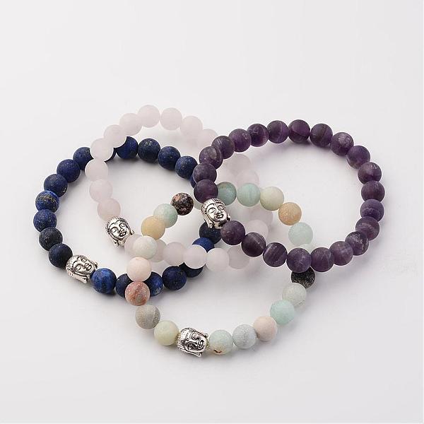 

PandaHall Natural Gemstone Beads Stretch Bracelets, Buddha Head, with Tibetan Style Alloy Bead, Frosted, 55mm(2-1/8 inch) Mixed Stone